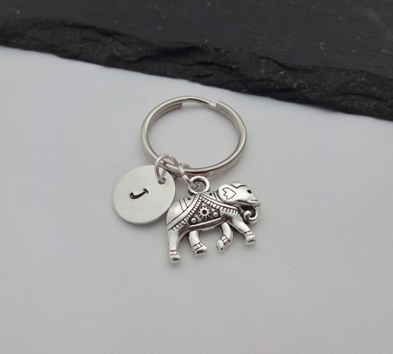 Elephant Charm Keyring, Initial Elephant Keyring, Hand Stamped Keyring, Elephant Keyring, Animal keyring, Keychain, Personalised, Gift image 1