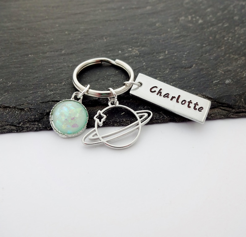 Planet Keyring, Personalised Space Keyring, Space Gift, Name Keychain, Hand Stamped, Personalized Gifts, Outer Space Gifts, Astronomy Gifts image 1