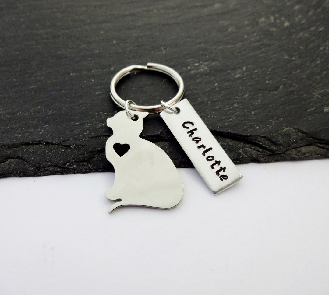 Personalised Cat Keyring, Name Keyring, Hand Stamped, Pet Keyring ...