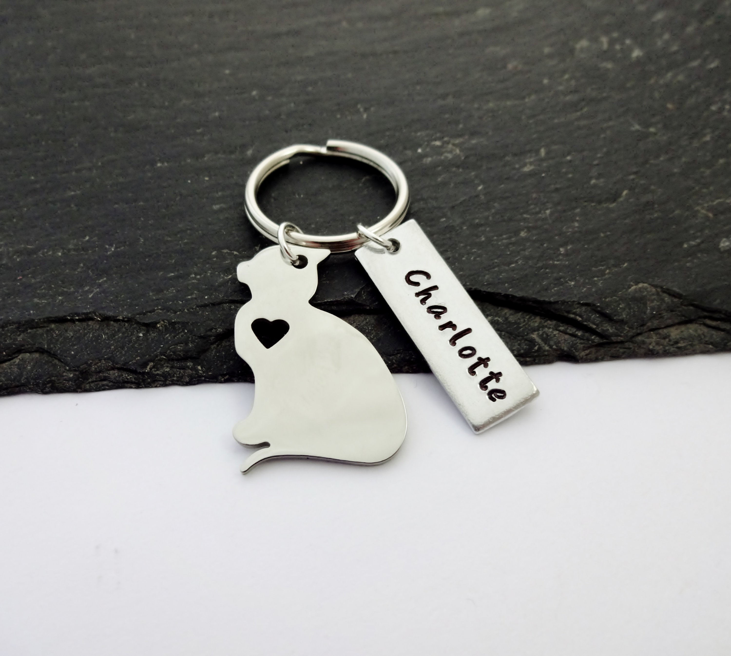 Personalised Cat Keyring Name Keyring Hand Stamped Pet Etsy