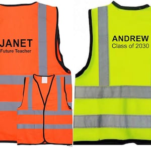 Custom Print Child Baby Reflective Safety Vest Yellow Orange HiVis Printed School Personalize Bespoke Infant Toddler 0-6 mo 9-11 yrs