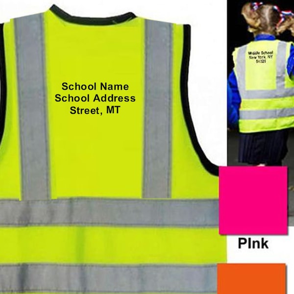 Printed Custom Text or Logo Child Infant Reflective Safety Vest Back Front Pink Yellow Orange HiVis Sport Group School 6 mo 9-11 yr