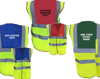 Reflective HiVis Vests Custom Logo Text Printed Red Yellow Blue Red Green Personalised Visibility Waistcoat Size S, M, L, XL 2XL, 3XL
