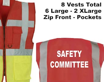 8 Vests Red/Yellow Vests Safety Committee Exec HiVis Reflective Vests Pockets ID Zip Front 6L & 2XL