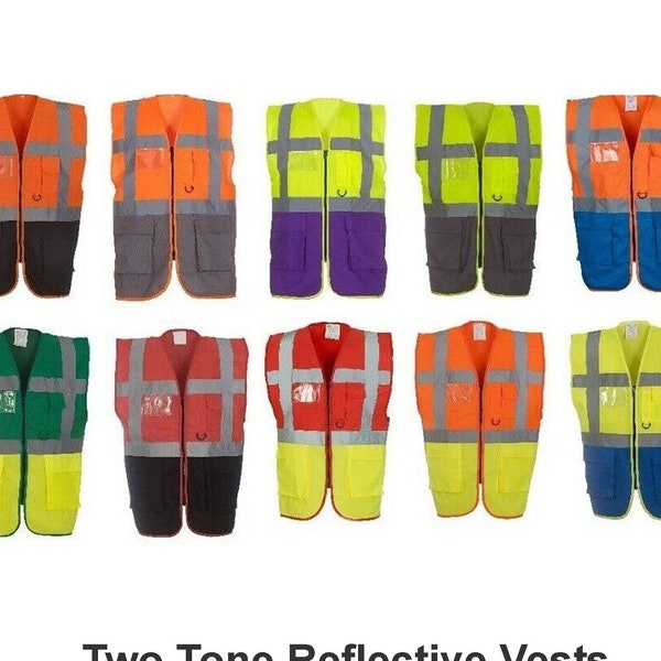 Hi Visibility 2 Tone Reflective Vest Safety Waistcoats Executive Style Two Color Pockets Zip Closure Printable Blank