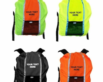 Personalisierter, bedruckter Rucksackbezug mit hohem Warnwert und reflektierenden Eigenschaften, individueller Sicherheitsrucksack, orange, gelb, schwarz