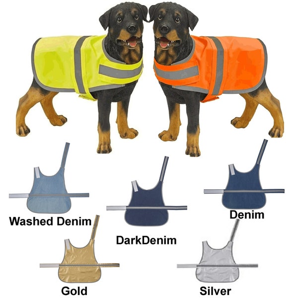 Dog Coat Vest Yellow Orange Denim Reflective Hi Visibility Safety Pet Clothes Gold Silver Blue Small Med Large