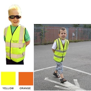 Child Baby Reflective Safety Vest Custom Printed Yellow Orange Text Logo  Kids HiVis Sport Group School Baby 0-6 mo 9-11 yrs