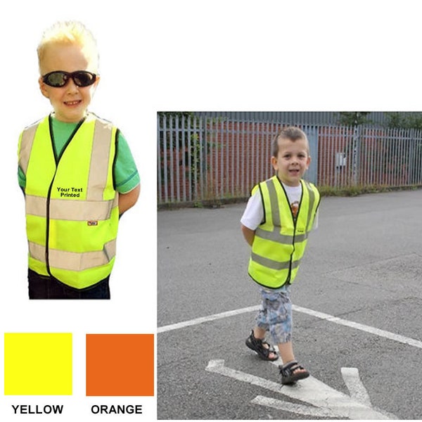 Child Baby Reflective Safety Vest Custom Printed Yellow Orange Text Logo  Kids HiVis Sport Group School Baby 0-6 mo 9-11 yrs