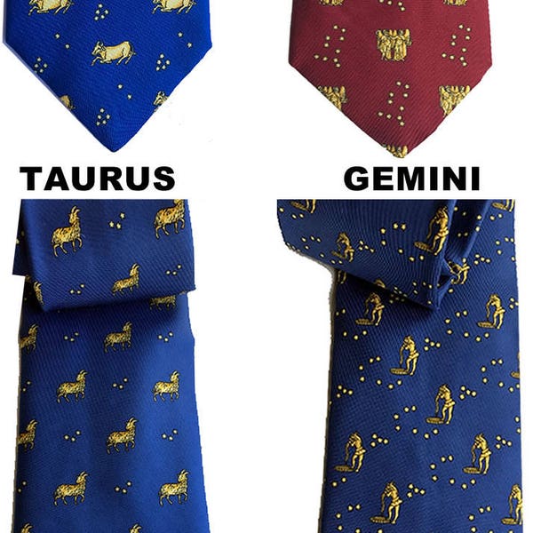 Zodiac Theme Ties 100% Silk Necktie Gemini Aquarius Aries Taurus Dark Wine Red Blue Gold Wedding Formal Casual Work Gift