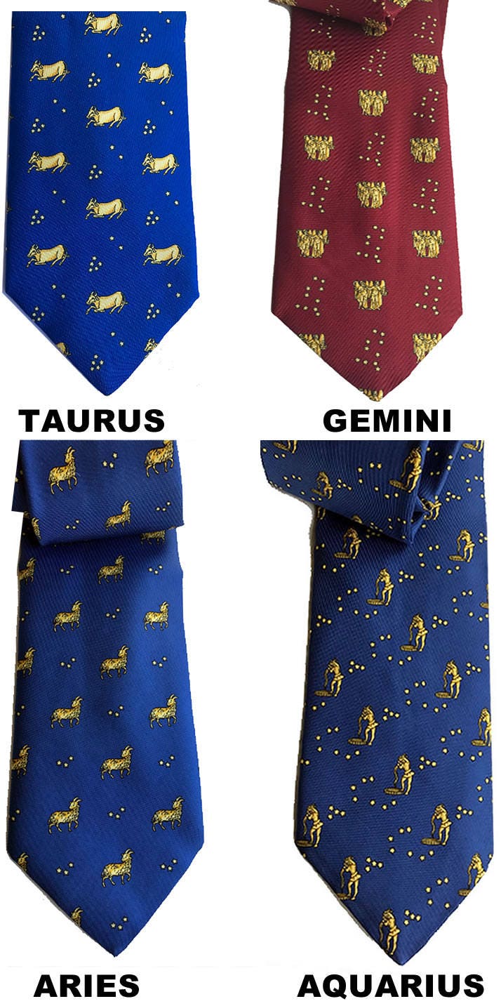 Image of Zodiac Theme Ties 100% Silk Necktie Gemini Aquarius Aries Taurus Dark Wine Red Blue Gold Wedding Formal Casual Work Gift