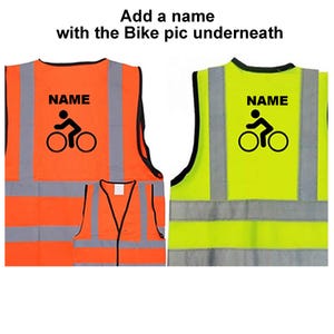 Bike Vests Children Printed Reflective Safety Custom Bicycle Logo Name Yellow Orange Hi Visibility Name above or below bike Baby to 12 yrs