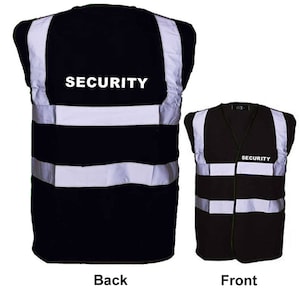 SECURITY Printed Vest Hi Visibility Black Viz Vests Custom Printed Back or Front or Front/Back Reflective Tape S, M, L, XL, 2XL, 3XL