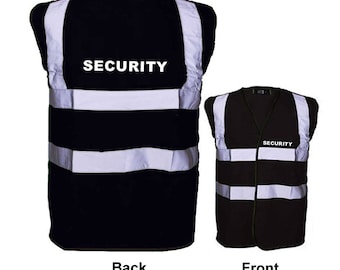 SECURITY Printed Vest Hi Visibility Black Viz Vests Custom Printed Back or Front or Front/Back Reflective Tape S, M, L, XL, 2XL, 3XL