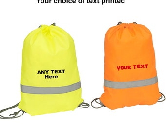 Draw String Bag Custom Printed Sports Backpack Carryall Yellow Orange Bespoke Lightweight Foldable Rucksack Hi Visibility Reflective