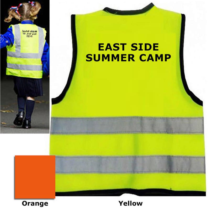 May include: Yellow safety vest with reflective strips and the text "East Side Summer Camp" printed in black.