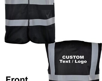 Black Vests Printed Hi Visibility Custom Name Logo or Security Print Viz Vests Reflective Tape Back Print S, M, L, XL, 2XL, 3XL