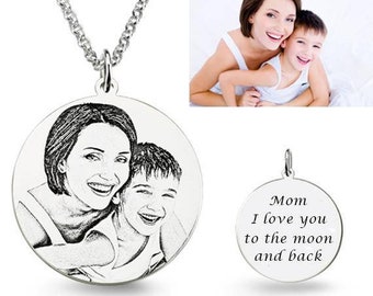 Engraved Photo Necklace,Custom Picture Necklace,Personalized Photo Necklace,Circle Photo Necklace,Portrait Necklace,Engraved Photo Keepsake