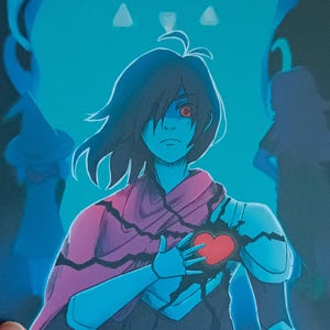 Puede incluir: Una impresión que presenta un personaje con piel azul, cabello oscuro y un ojo rojo, sosteniendo un corazón rojo brillante. La obra de arte tiene un estilo de pintura digital con una combinación de colores azul oscuro y rosa. La firma del artista, "HELIOS", es visible.