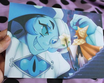 May include: A blue and white illustration featuring a smiling character with a diamond-shaped emblem. Another character in a golden outfit is on a staircase. The artwork has a fantasy theme with a whimsical style.