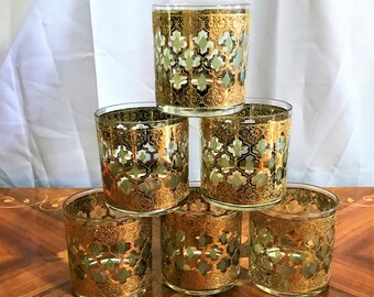 Bar glasses Seven Vintage Mid Century Modern Lime Green And Gold Highball Glasses With 22K Gold Trim Barware Home Bar