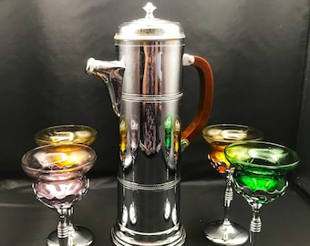 Vintage Cocktail Set MCM Farber Bros. Stainless Chrome Shaker And 4 Farberware Glasses