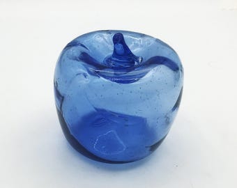 Hand Blown Art Glass Blue Apple Hollow Paperweight 3”
