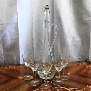 Vintage Wheel Cut Glass Handled Claret Jug or Wine Decanter And Five Footed Glasses, Floral Cut, Wine Jug