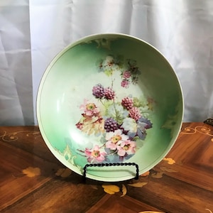 Antique Fine China Serving Bowl With Pink Wild Roses, Berries and Gold Trim, Home Decor, Porcelain, Collectible