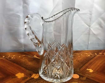 Vintage Cut Glass Pitcher, Tankard Style, Multiple Motifs,  Home Decor. Collectible