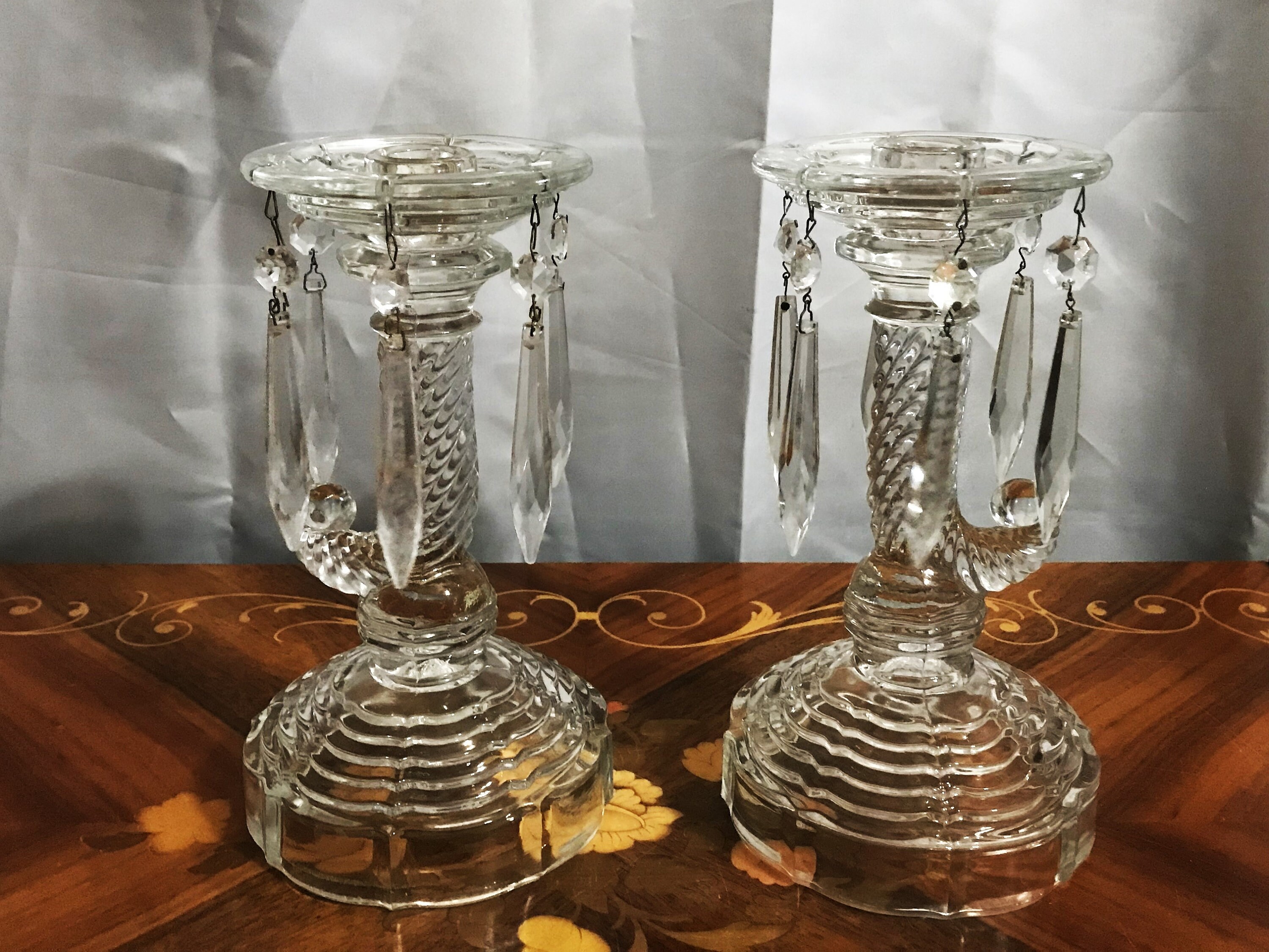 2 Vintage Cornucopia Pressed Glass Horn of Plenty Candle Stick