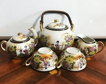 Vintage Kutani Tea Set, Teapot, Sugar, Creamer and Two Cups, Made in Japan