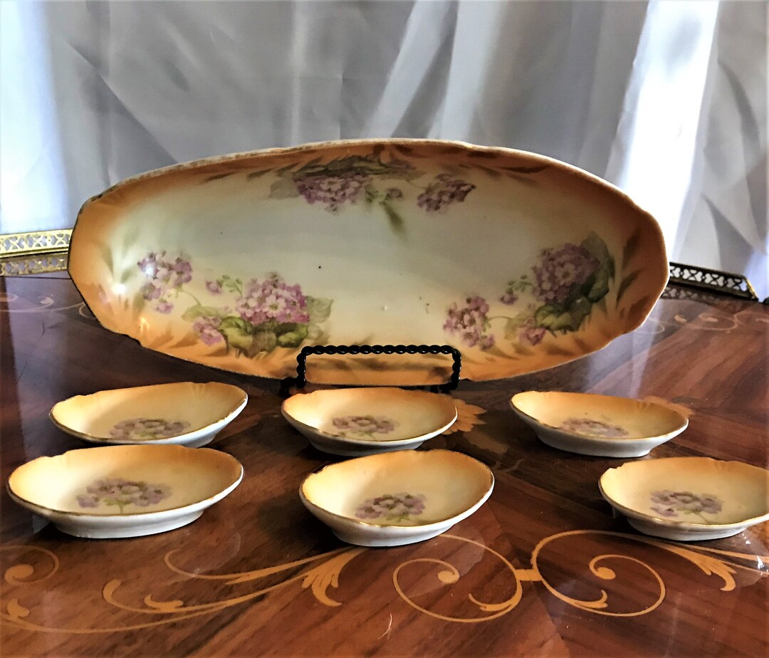 Vintage Antique Celery Dish With Six Individual Salts, Leuchtenburg