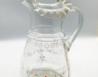 Antique Hand Blown & Hand Painted Floral Clear Ruffled Edge Glass Pitcher 9.75" tall