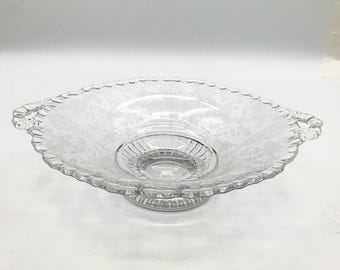 Vintage Cambridge Rose Point Gadroon Edge Two Handle Glass Bowl
