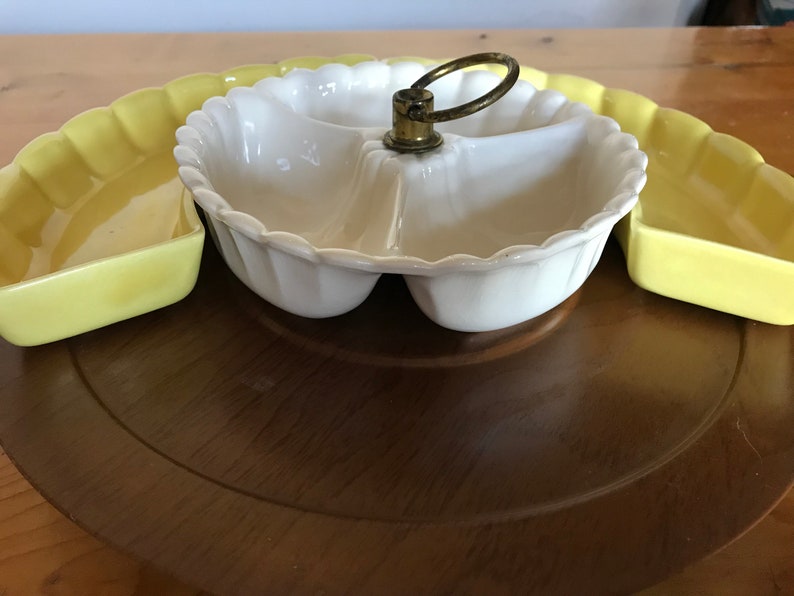 Vintage Mid Century Lazy Susan And Turntable Pottery Snack Tray Made in USA Yellow White Centerpiece