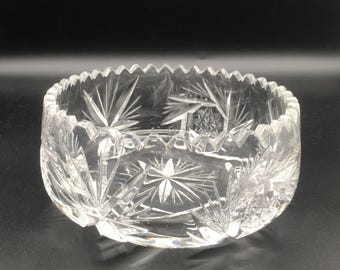 Large Cut Glass Bowl 7 1/2" Wide, Starburst Pattern