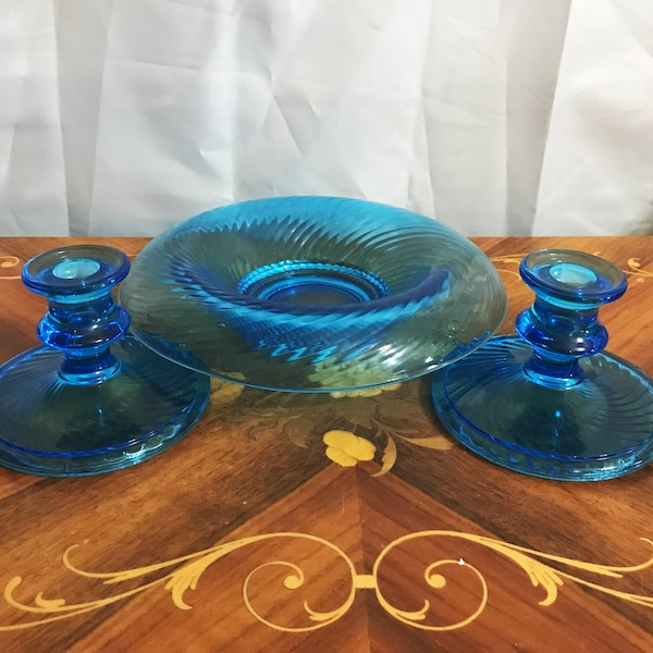 Vintage Electric Blue Spiral Swirl Console Bowl with ROLLED edge and Matching Candle Holders