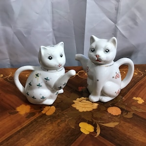 Two Vintage Personal Size Teapots, Shaped Like Kittens, Porcelain, Teapots With Lids