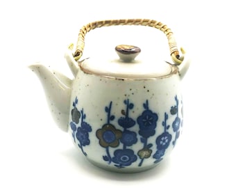 Vintage Japanese Blue and White Teapot with Rattan Handle