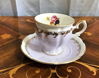 Vintage Crown Staffordshire Bone China Cup and Saucer: Lavender Floral, Gold Trim