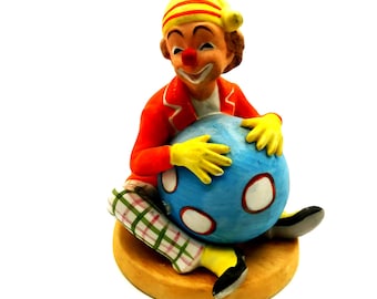 Vintage Lefton Sitting Clown Figurine with Blue Ball, Hand Painted Bisque 4.25" Tall