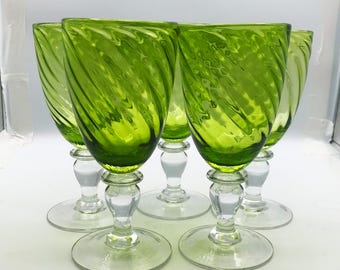 FIVE Vintage Handblown Chartreuse Swirl Water Goblets by Home Studio Thick Heavy Glass 16oz