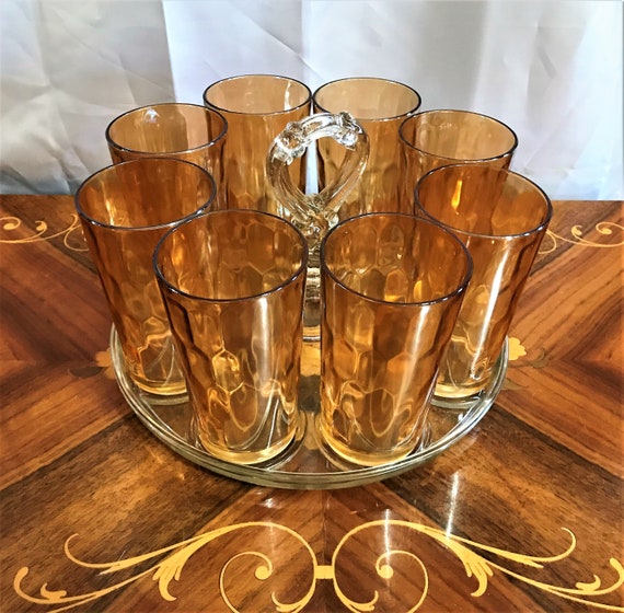 Vintage Jeannette Glass Marigold Peach Lusterware Highball Glasses