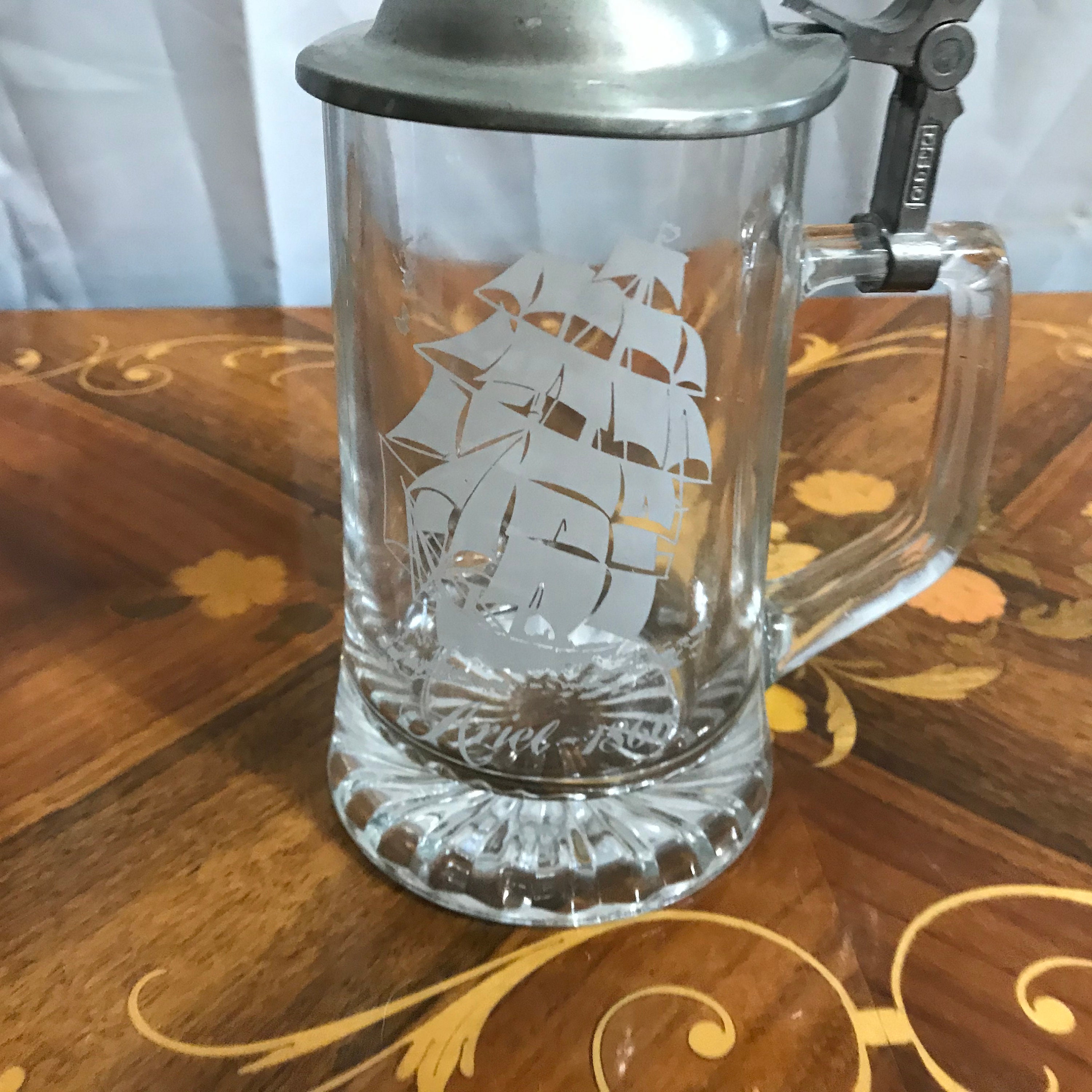 Vintage Beer Stein Etched Glass Stein Lidded Beer Mug Etsy España