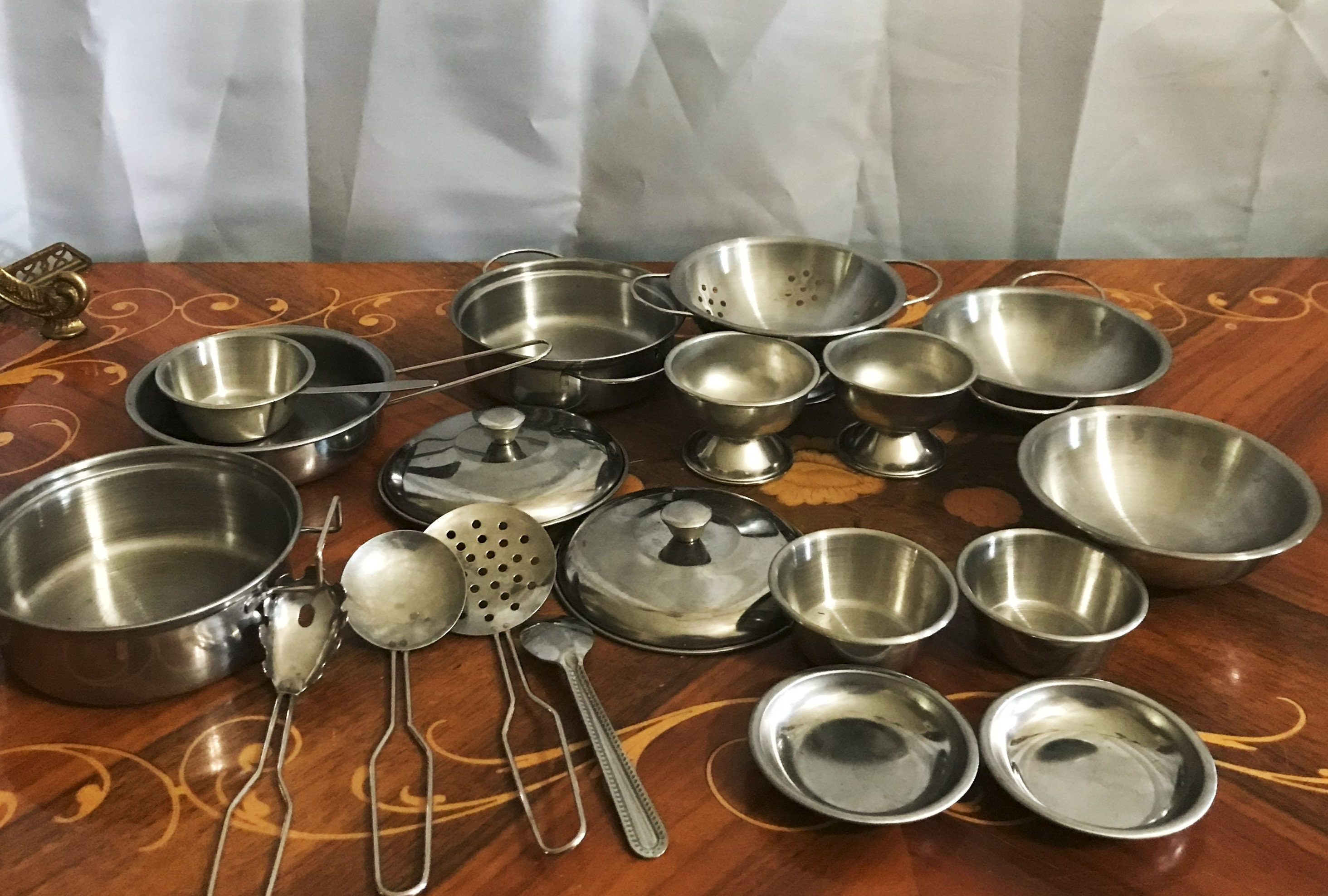 Vintage 19 Piece Stainless Steel Set of Childs Pots and Pans 