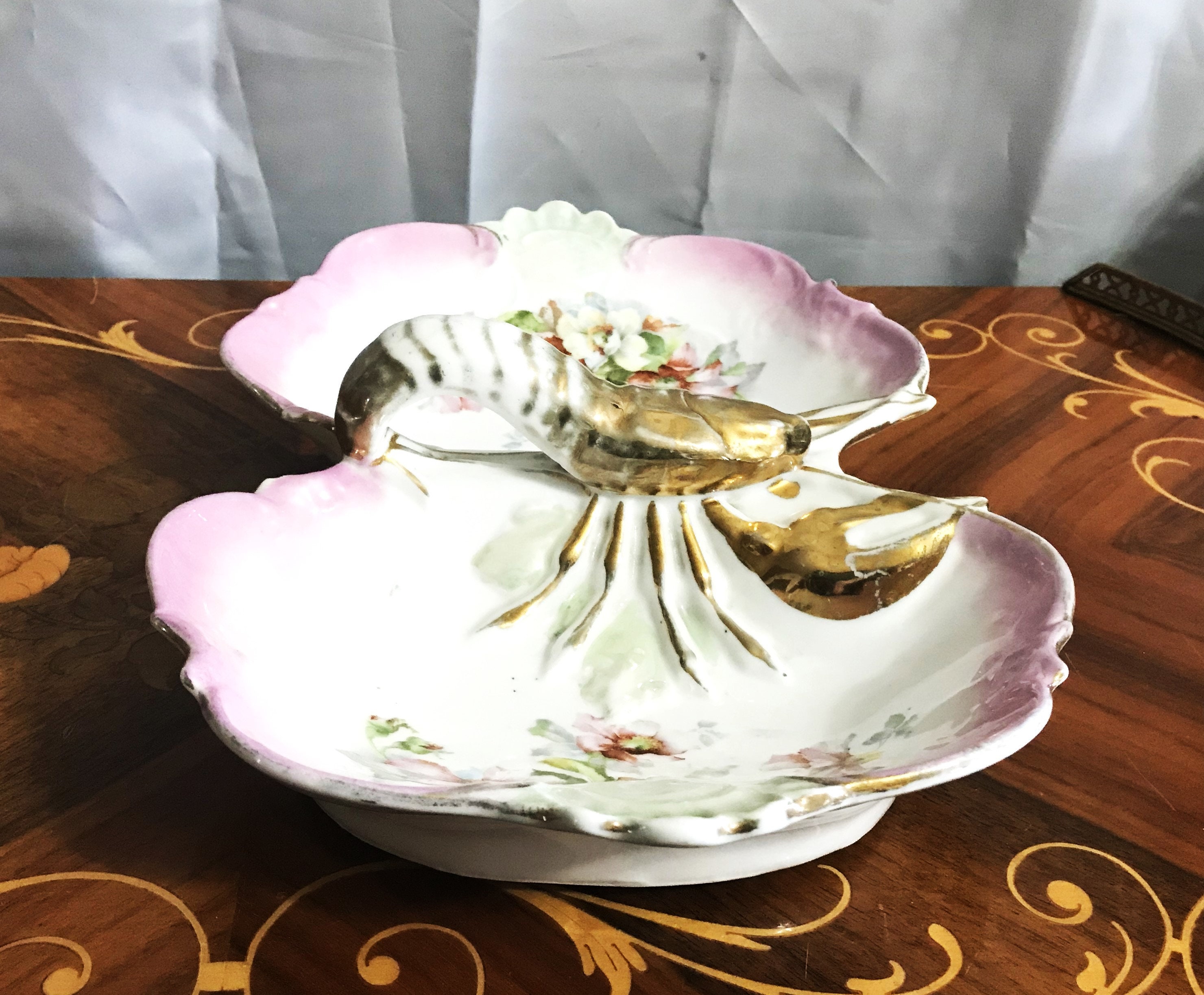 Vintage Lobster Porcelain Serving Dish With Handle, Gold Vintage Lobster Porcelain Serving Dish With Handle, Gold