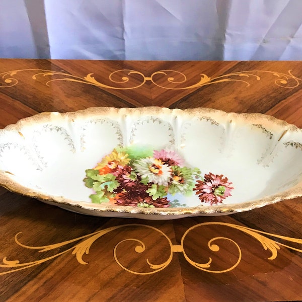 Antique Porcelain Oval Hand Painted Celery or Serving Tray, Fine China, Gold Trim, Floral Decor,