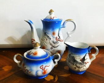 Vintage Dragonware Moriage Blue White Coffee Tea Pot Sugar Creamer Set