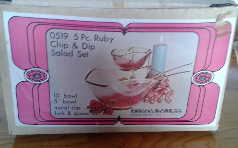 Vintage Five Piece Ruby Chip And Dip Salad Set In Original Box By Indiana Glass Company Dunkirk Indiana